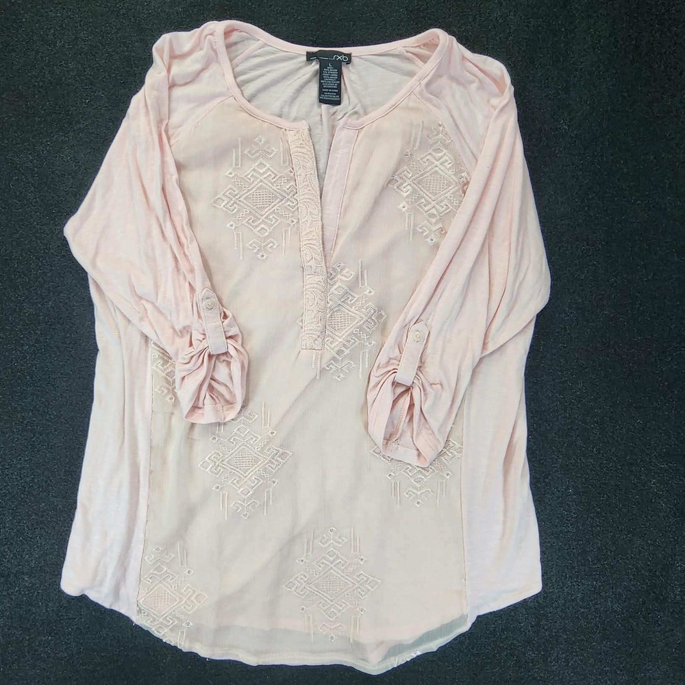 RXB Blouse Womens Large Pink Long Sleeve Embroidered Rayon Stretch Sheer Boho